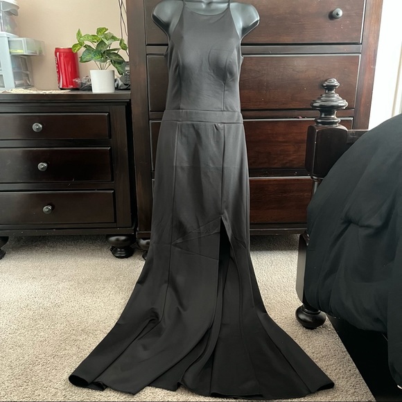 Black High Neck Open Back Maxi Dress with Low Slit - Picture 2 of 6
